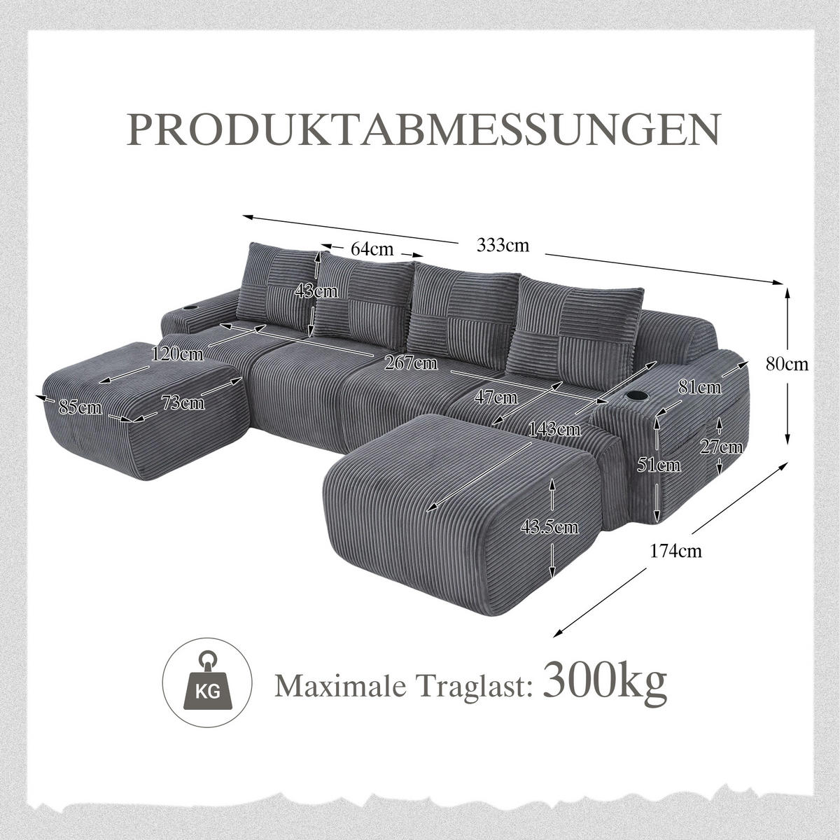 4-SITZER Wohnlandschaft Cord mit Getränkehalter und Seitentasche inklusive 2 Hocker 333/174/80 cm Dunkelgrau - Dunkelgrau, Textil (174/80/333cm) - Redom