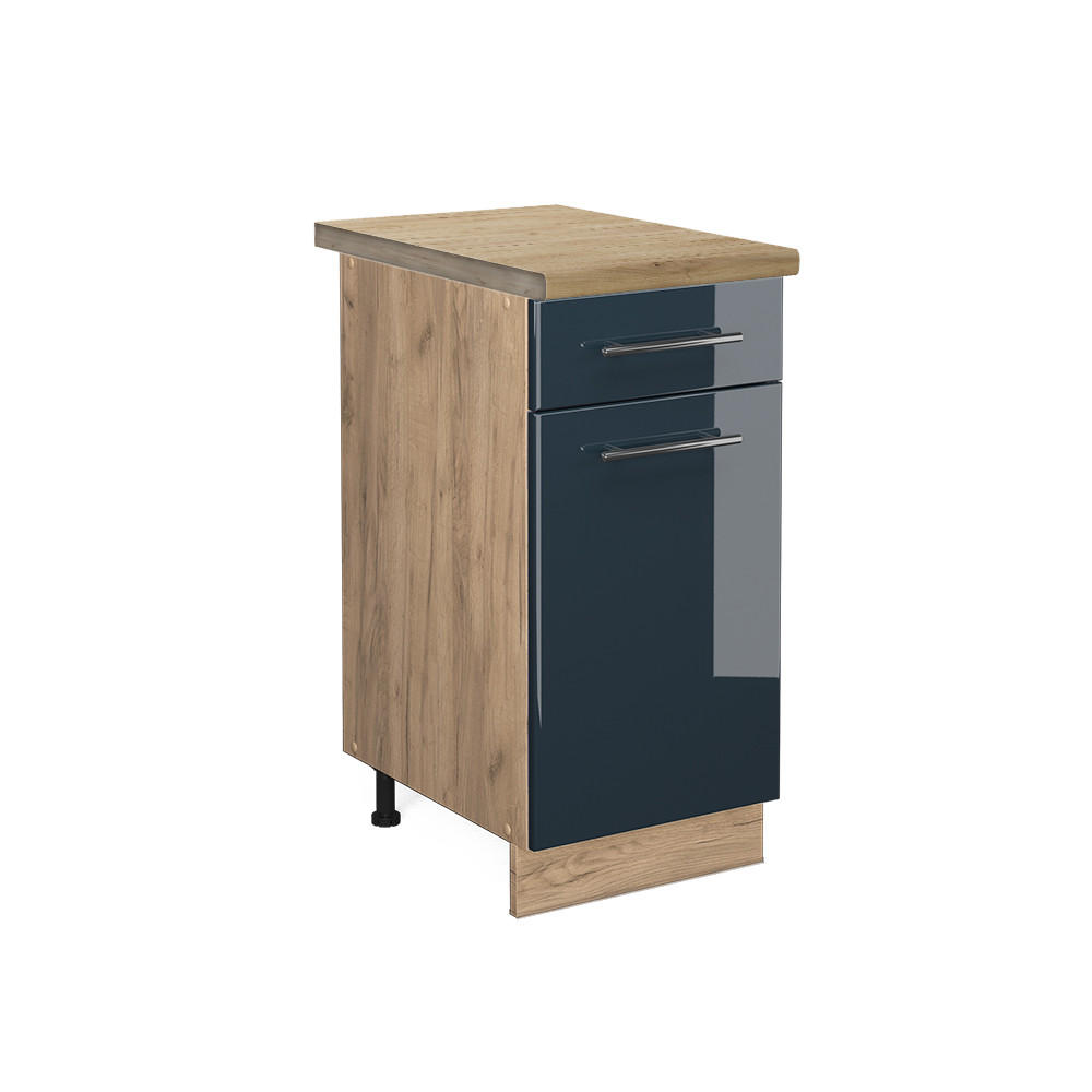 KÜCHENUNTERSCHRANK Fame-Line Dunkelblau Hochglanz 40 cm, AP Eiche - Eiche Wotan/Dunkelblau, Holzwerkstoff (40/82/60cm) - Vicco