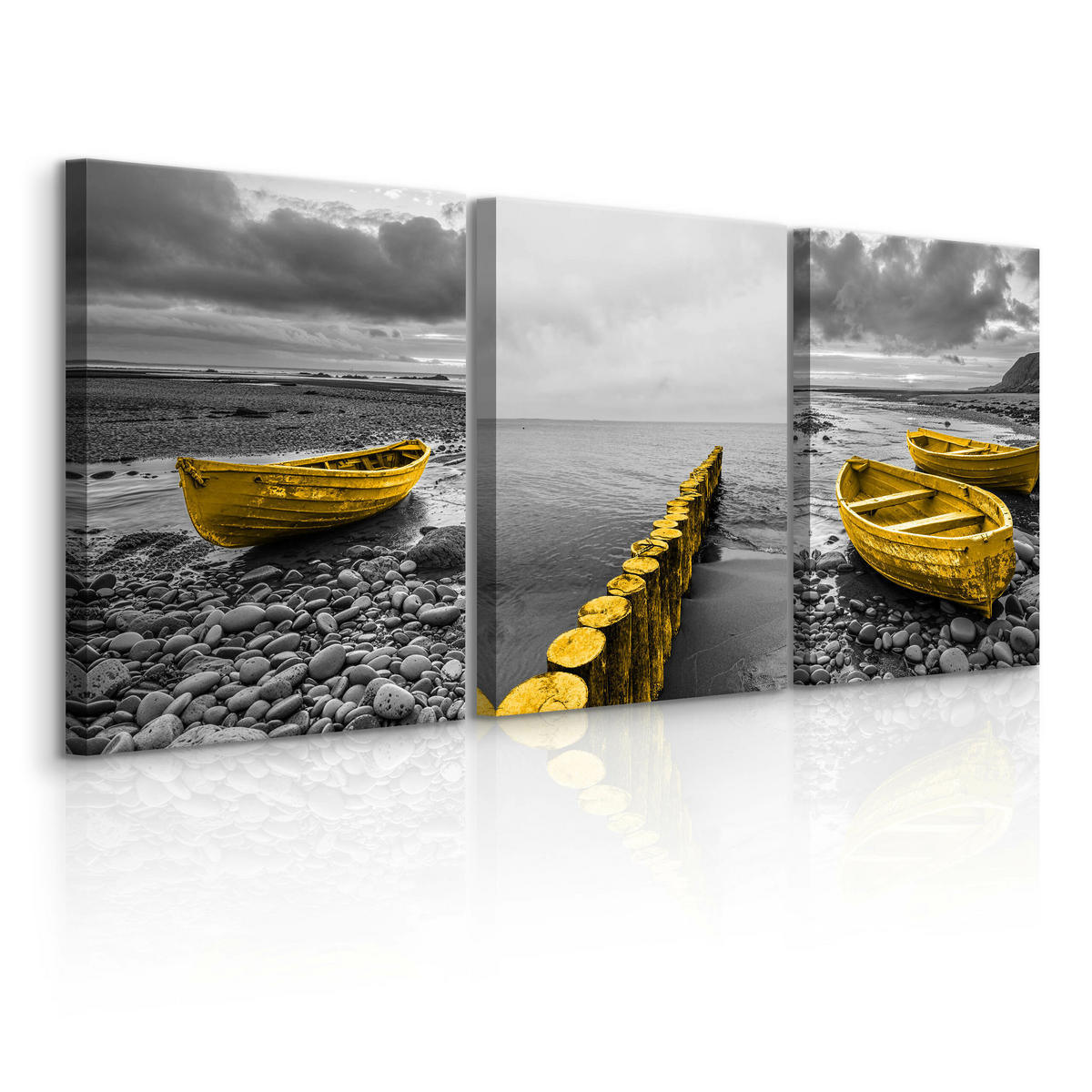 LEINWANDBILDER 3-es Set Boote Meer 3D - Gelb/Schwarz, Textil (90/40cm) - Muralo
