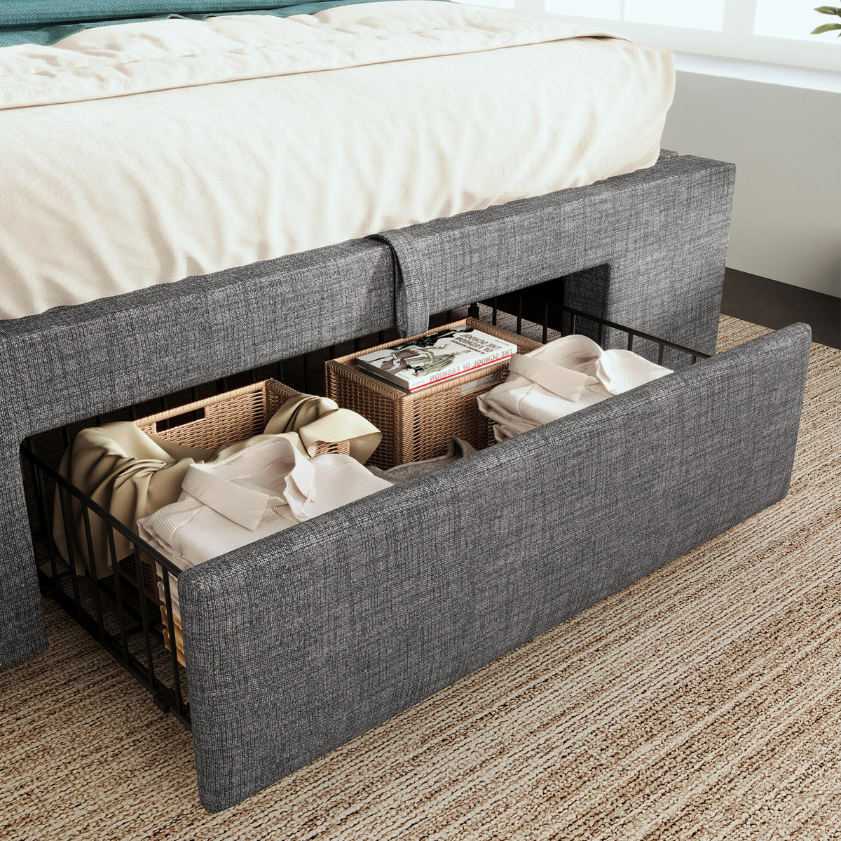 BETT mit Stauraum & LED 90x200 cm Leinen Grau - Grau, Metall (90/200cm) - Meubliv