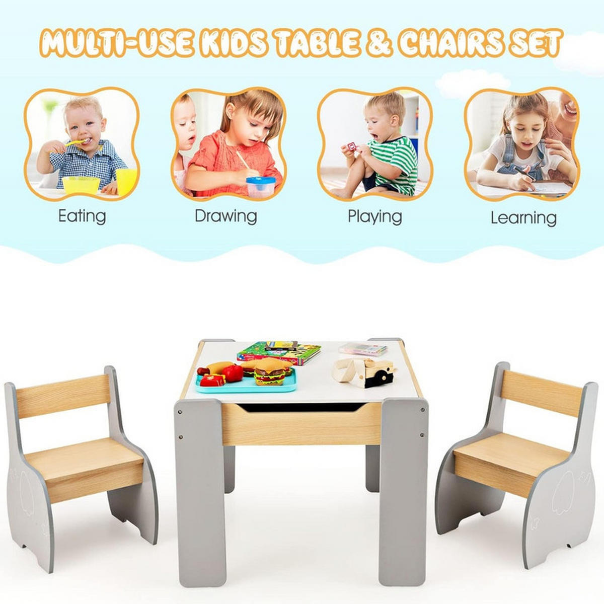 KINDERTISCH mit Stuhl grau(3-tlg) - Grau, Holzwerkstoff (63.5/48/61.5cm) - COSTWAY