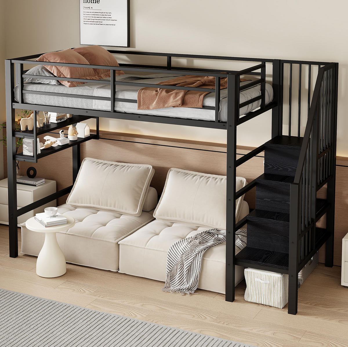 HOCHBETT 90/200 cm aus Metall und MDF mit Stauraumleiter und Regalen Schwarz - Schwarz, Metall (90/200cm) - Modenvie
