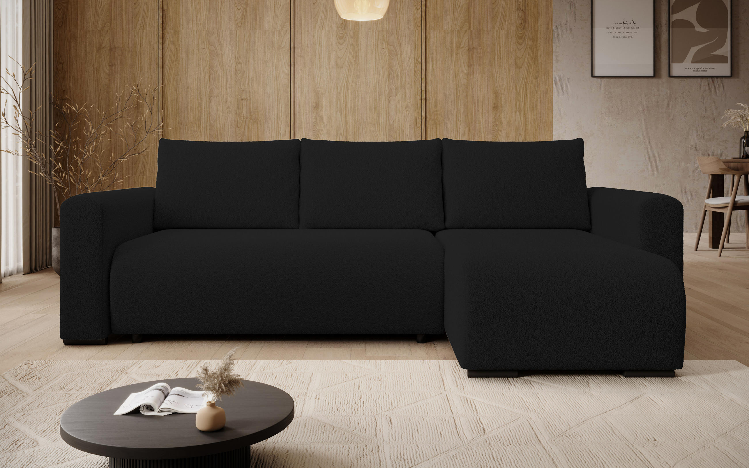 ECKSOFA DORA L, Eckcouch in L-Form mit Schlaffunktion und Bettkasten, Farbe: Schwarz, Bouclé-Stoff, Ottomane Rechts - Schwarz, Textil (240/143cm) - Storez24