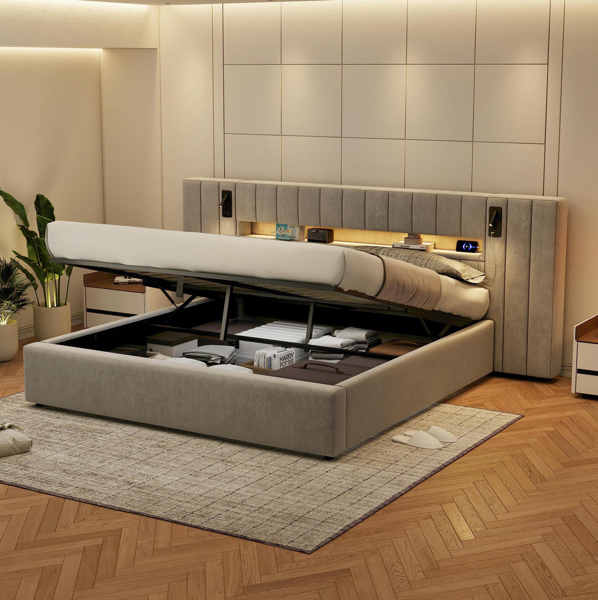 ČALÚNENÁ posteľ zo zamatu 180x200 cm sivá s USB portami, LED osvetlením a úložným priestorom - sivá, textil (180/200cm) - Modfu