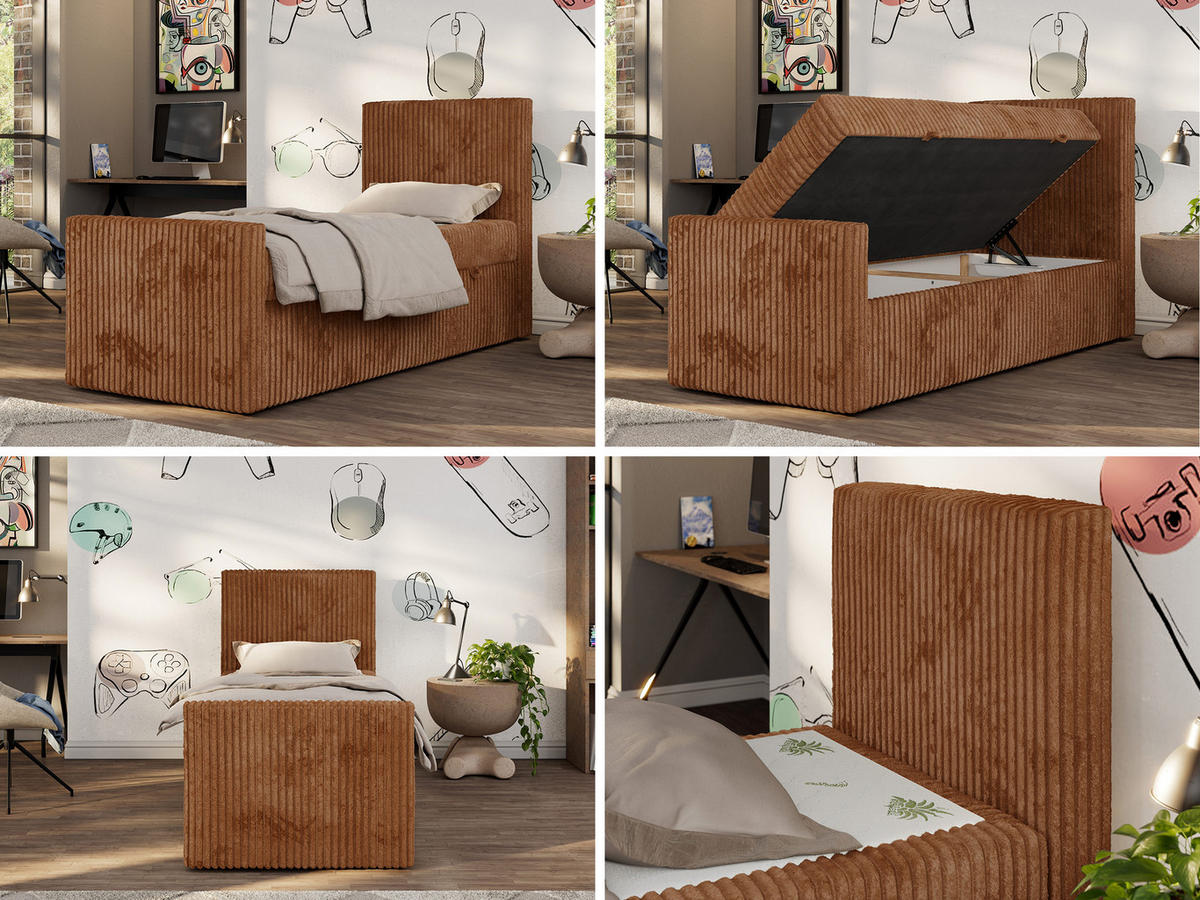 JUGENDBETT TILIO DUO 90/200 - Orange Cord - H4 - Rechts Seite - Orange, Textil (90/200cm) - MKS