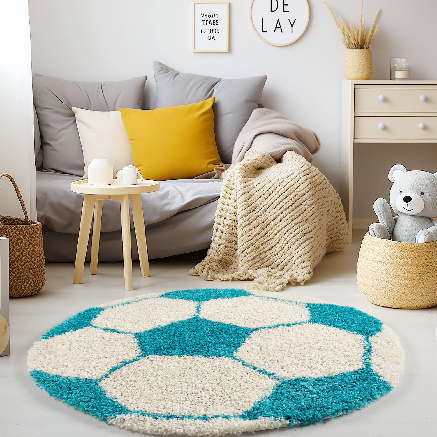 TEPPICH Kinder Hochflor Fußball Motiv Polypropylen Kinderzimmer Türkis Rund 120x120 - Türkis, Textil (120/120cm) - KADIMA DESIGN