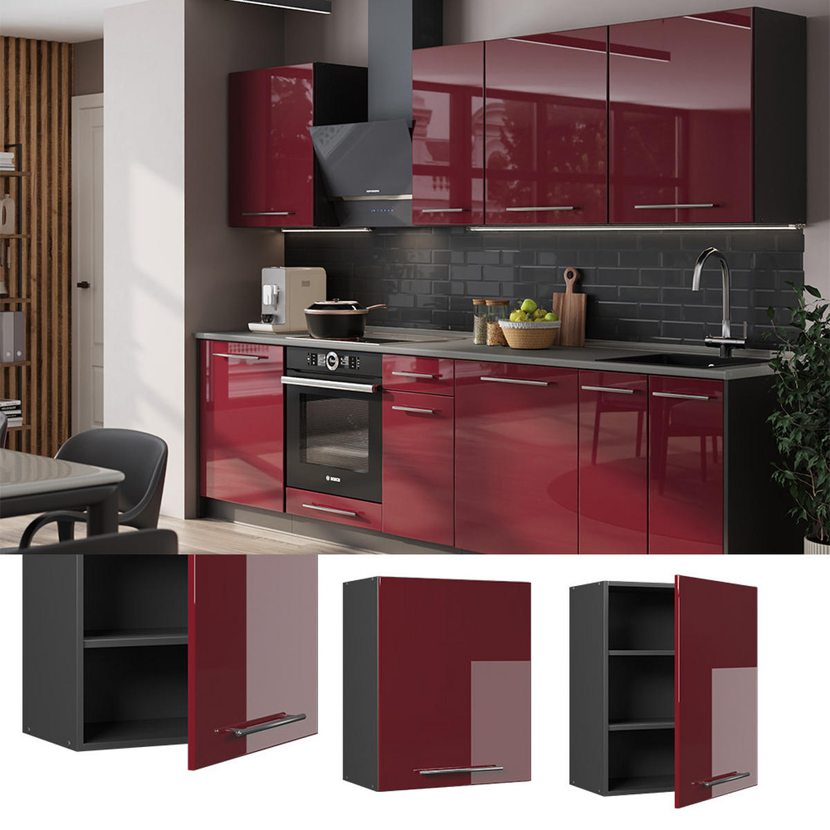 HÄNGESCHRANK Fame-Line, Bordeaux Hochglanz, 60 cm - Bordeaux/Anthrazit, Holzwerkstoff (60/72/34.1cm) - Vicco