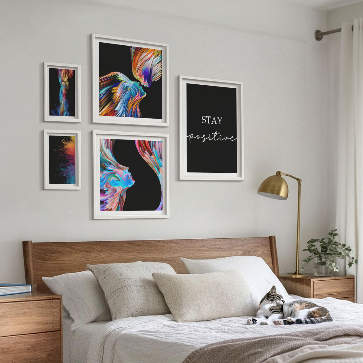 BILDER SET 5er Set - 50x50 cm & 20x30 cm & 40x60 cm Weißer Rahmen - Rosa geometrische Pfingstrosen - Weiß, Kunststoff (40/60cm) - TULUP