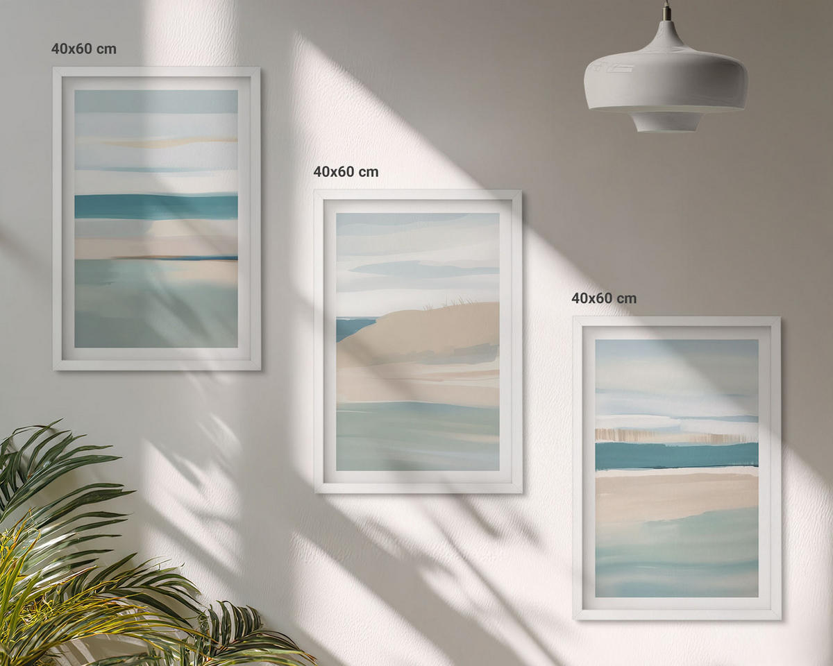 BILDER SET 3er Set - 40x60 cm Weißer Rahmen - Abstrakte blaue Landschaften - Weiß, Kunststoff (40/60cm) - TULUP