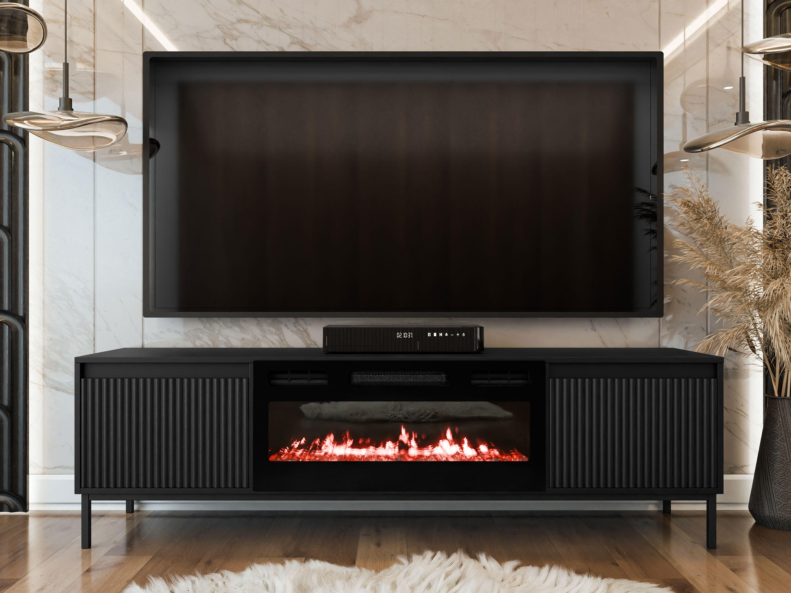 TV-LOWBOARD Ozmi 2K EF mit Kamin - Schwarz, Holzwerkstoff/Metall (174/52/40cm) - MIRJAN24