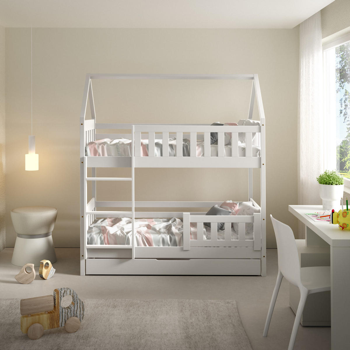 ETAGENBETT ELENA mit Bettkasten 80x190 cm Weiß - Weiß, Holz (80/190cm) - MASSENO