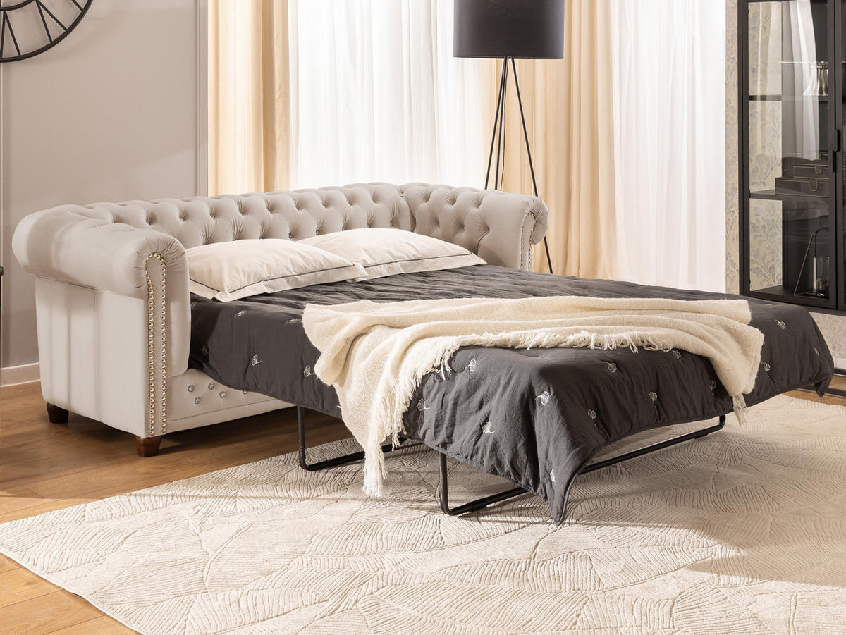 CHESTERFIELD-SOFA 3-Sitzer mit Schlaffunktion Cleo Blink Beige Samt mit Kristallsteppung und braunen Massivholzfüßen - Beige/Braun, Holz/Textil (203/72/86cm) - S-Style Möbel