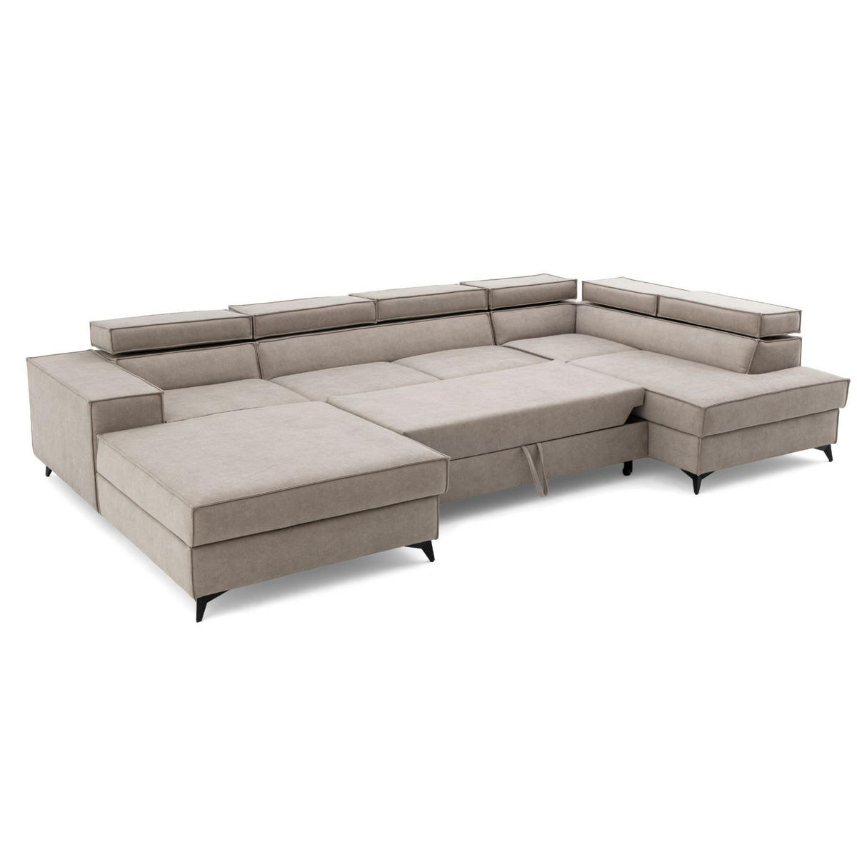 ECKSOFA PURE U Rechts mit Schlaffunktion 127x270 Velours Creme - Creme/Schwarz, Holz/Textil (204/340cm) - Muffo