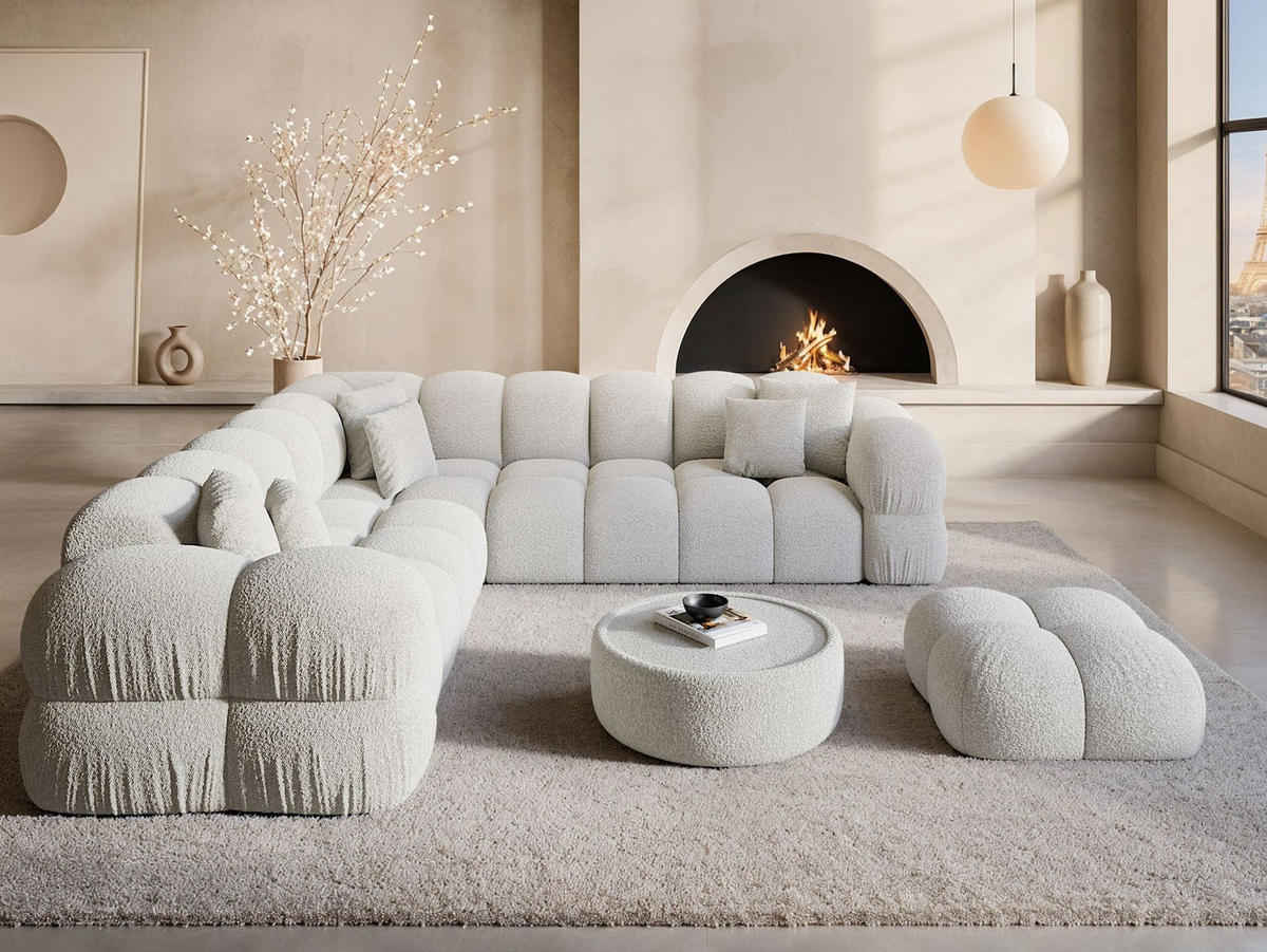 COUCH Monteverde L-Form Weiß Bouclestoff - Weiß, Textil (253/253cm)