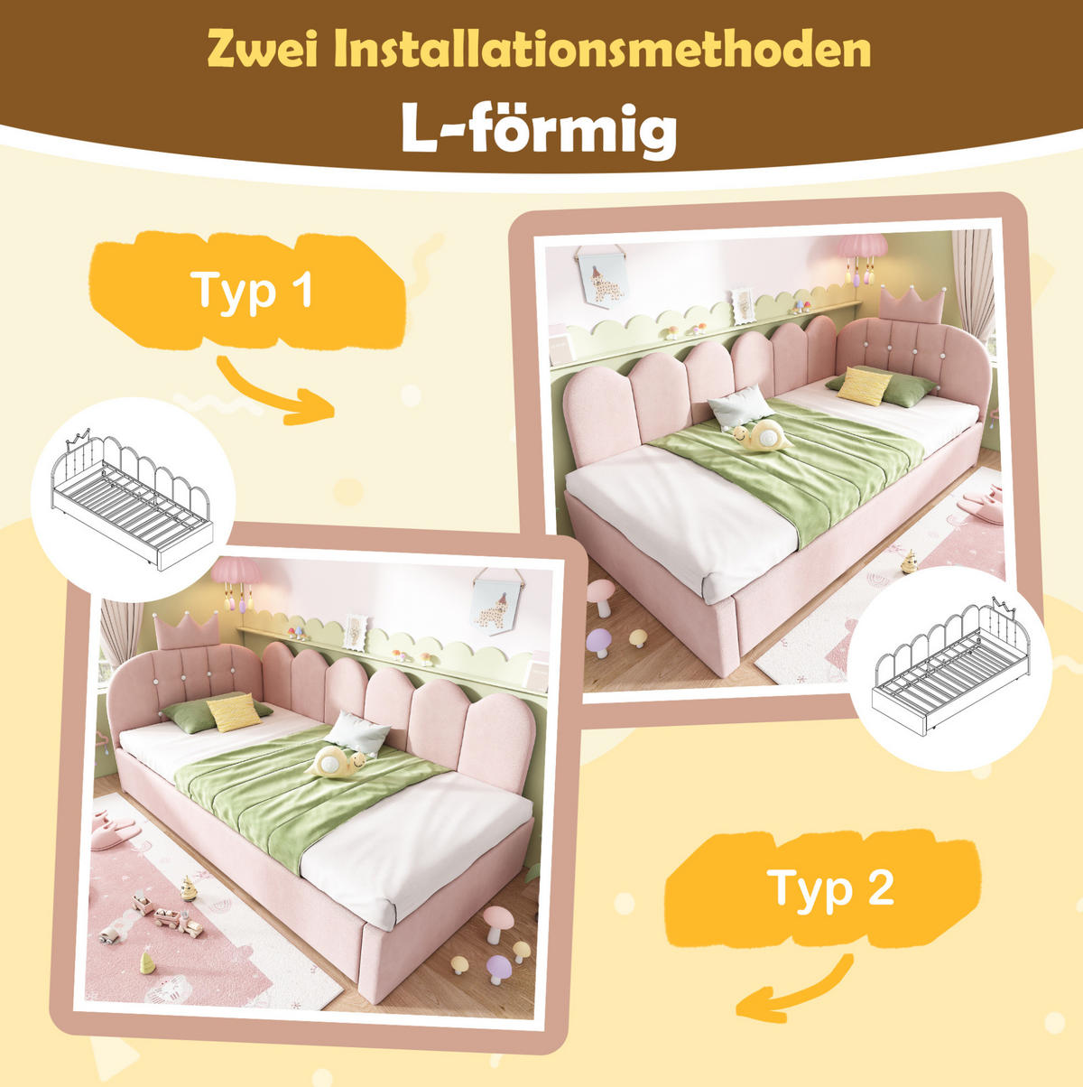 POLSTERBETT aus Samt 90x200 cm Rosa mit Ausziehbett und Kronen-Gitterdesign - Rosa, Textil (90/200cm) - Modfu