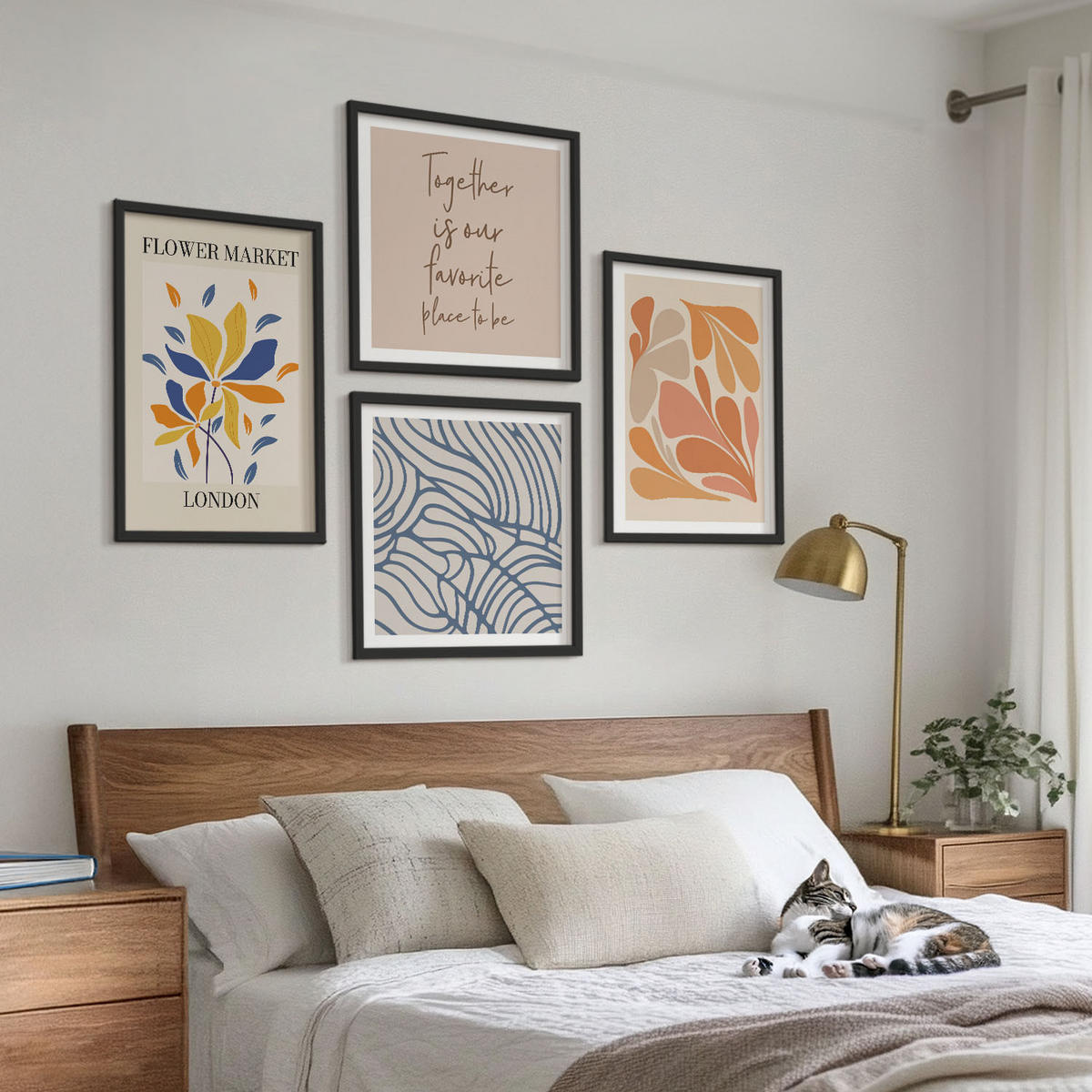 WANDBILDER 4er-Set - 50x50 cm & 40x60 cm Schwarzer Rahmen - Moderne abstrakte Blumen - Schwarz, Kunststoff (50/50cm) - ArtPrintCave