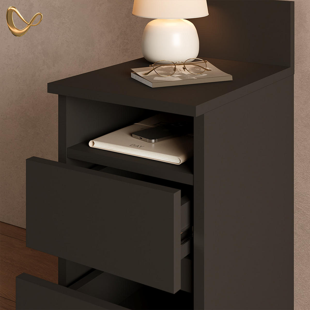 NACHTTISCH Roya, Schwarz, 25 x 59.1 cm mit 2 Schubladen - Schwarz, Holzwerkstoff (25/59.1/32.3cm) - Livinity®