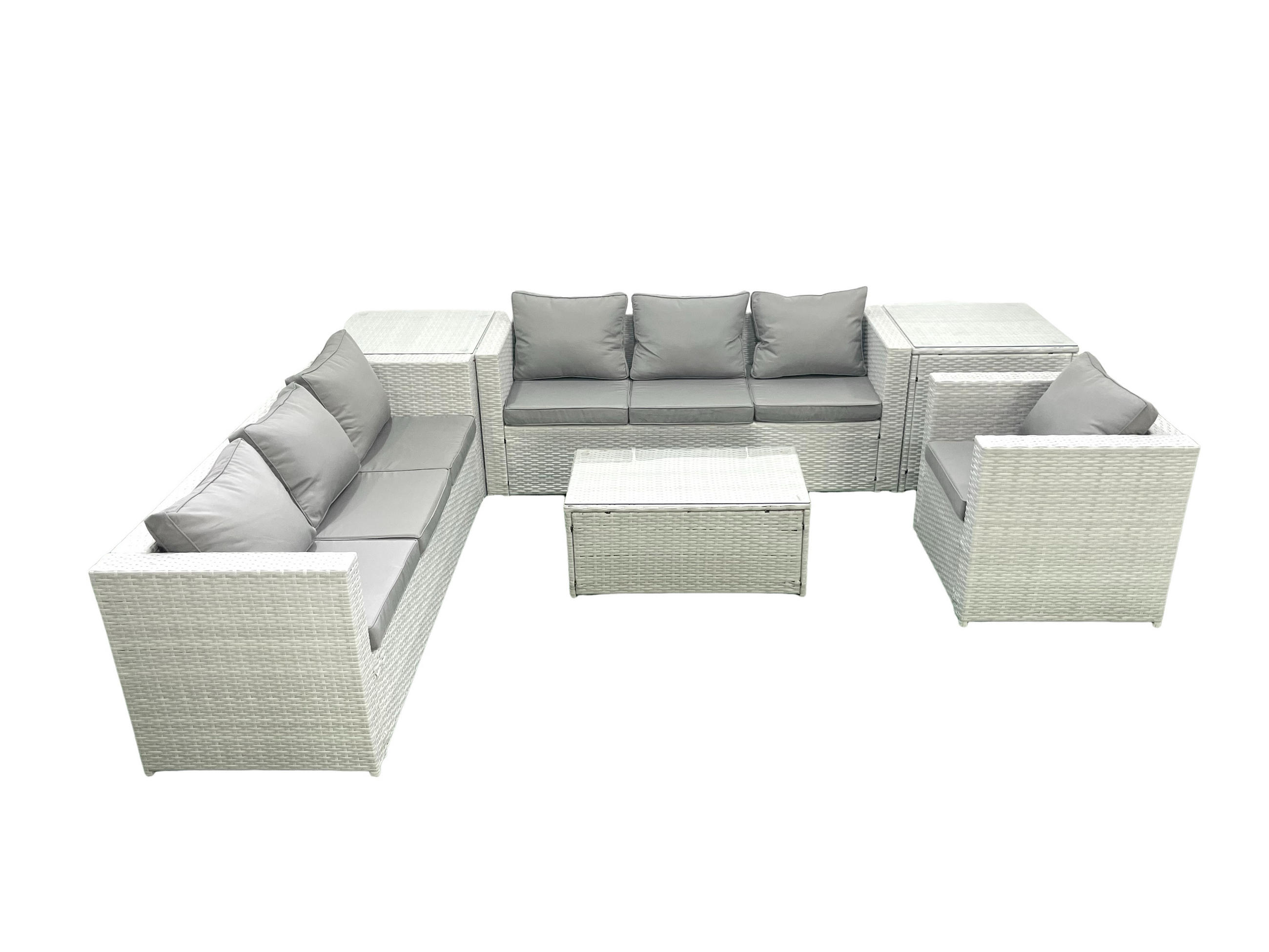 GARTENGARNITUR mit 3-SITZER SOFA,COUCHTISCH Polyrattan Hellgrau-Mix 7-Sitzer - Hellgrau/Grau, Glas/Kunststoff - Fimous