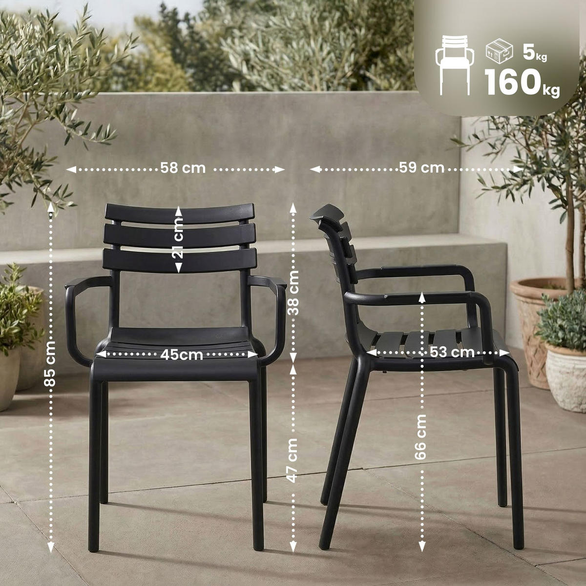 GARTENSTUHL Kunststoff Schwarz - Schwarz, Kunststoff (58/85/59cm) - CLP