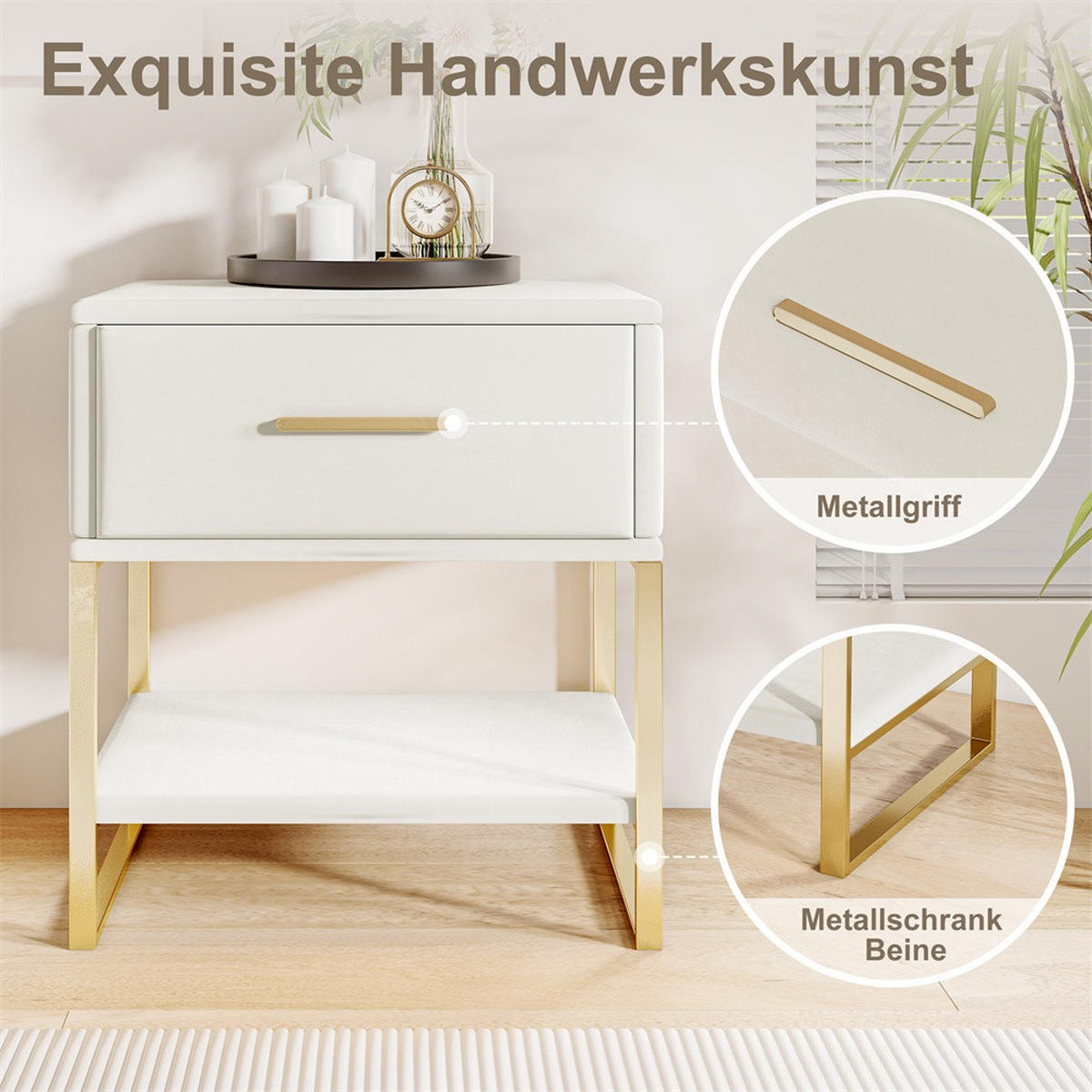 NACHTTISCH mit 1 Schublade & Offenem Fach - Nachtkommode Samtbezug & goldenes Metallgestell - 2er Set - Beige - Weiß, Textil (40/50/31cm) - DELFA
