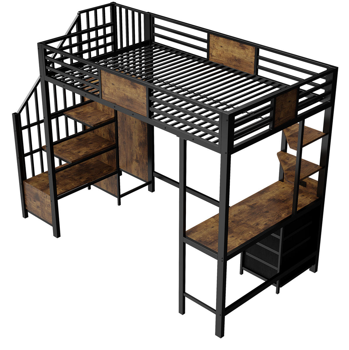 HOCHBETT 90/200 cm, Schwarz mit Schreibtisch, Ablagefächern, LED und Steckdose - Schwarz, Metall (90/200cm) - MIVRAY