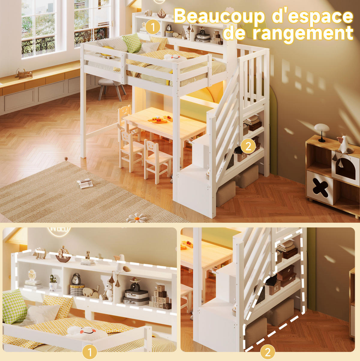 HOCHBETT 90/200 cm mit LED-Beleuchtung, Stauraumtreppe und offenem Staufach, Weiß - Weiß, Holz (90/200cm) - Redom