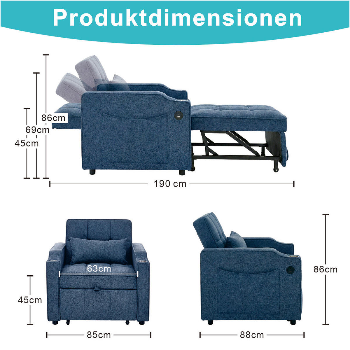 SCHLAFSESSEL DE-35033 3-in-1 mit USB-C und Getränkehalter Navy Blau - Blau, Holz (85/86/190cm) - ComfortXL
