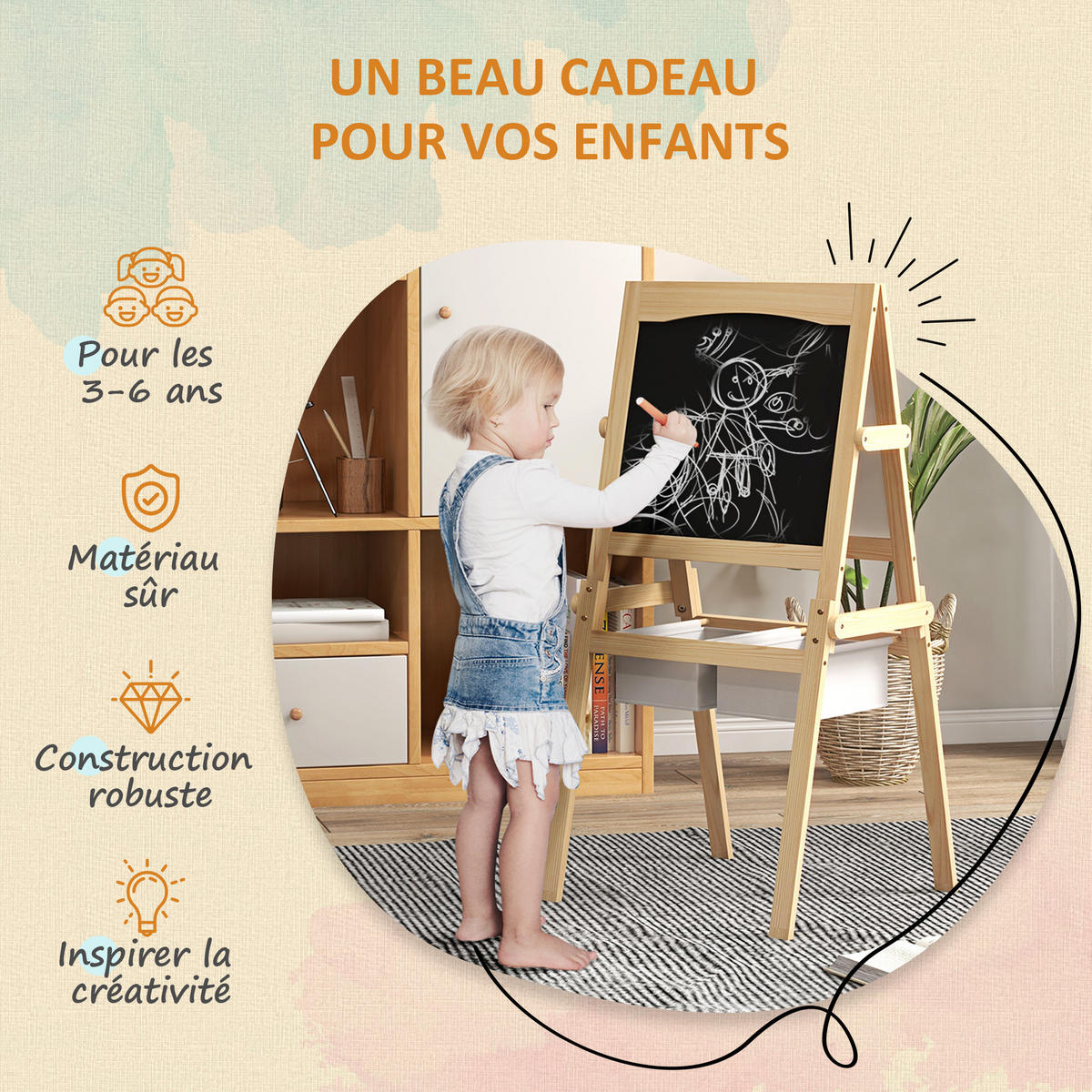 MALTAFEL DE-18183 3-in-1 mit Papierrolle, magnetisch Natur - Naturfarben, Holzwerkstoff (50.5/109/58cm) - ComfortXL