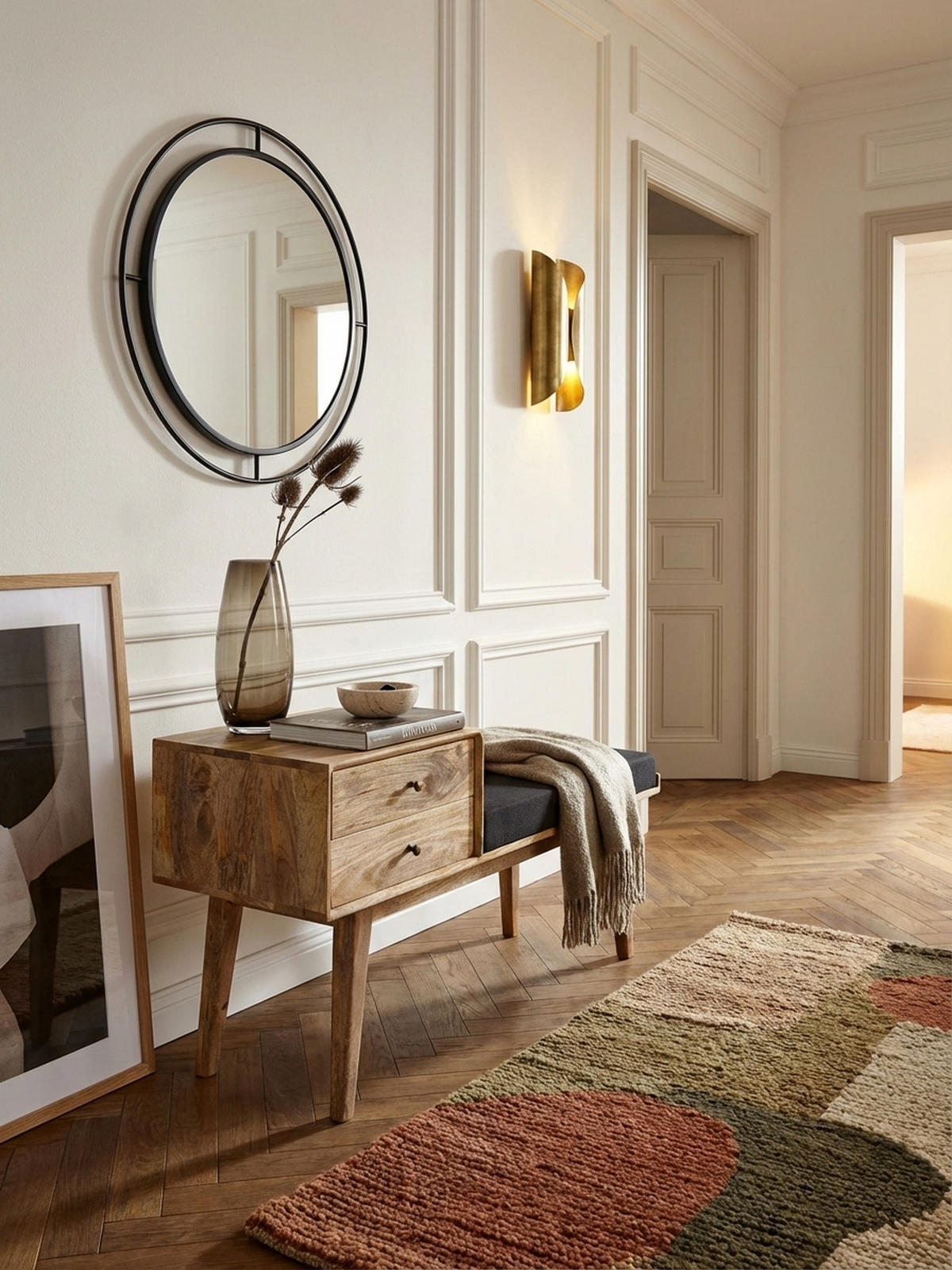 SITZBANK – Mango Holz, Schwarz, Schubladen, Retro-Stil - Schwarz/Braun, Holz/Textil (120/65/40cm) - KADIMA DESIGN