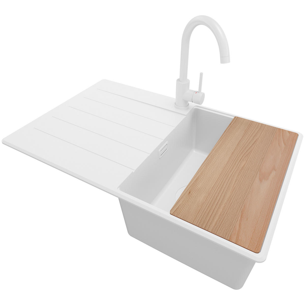 GRANITSPÜLE Kopenhagen, 2-er set Alles Weiß 78/50 cm 1 Becken + Küchenarmatur 32/20 cm + Ablauf-Set + Schneidebrett ab 45er Unterschrank - Beige/Weiß, Kunststoff (78/20/50cm) - Primagran