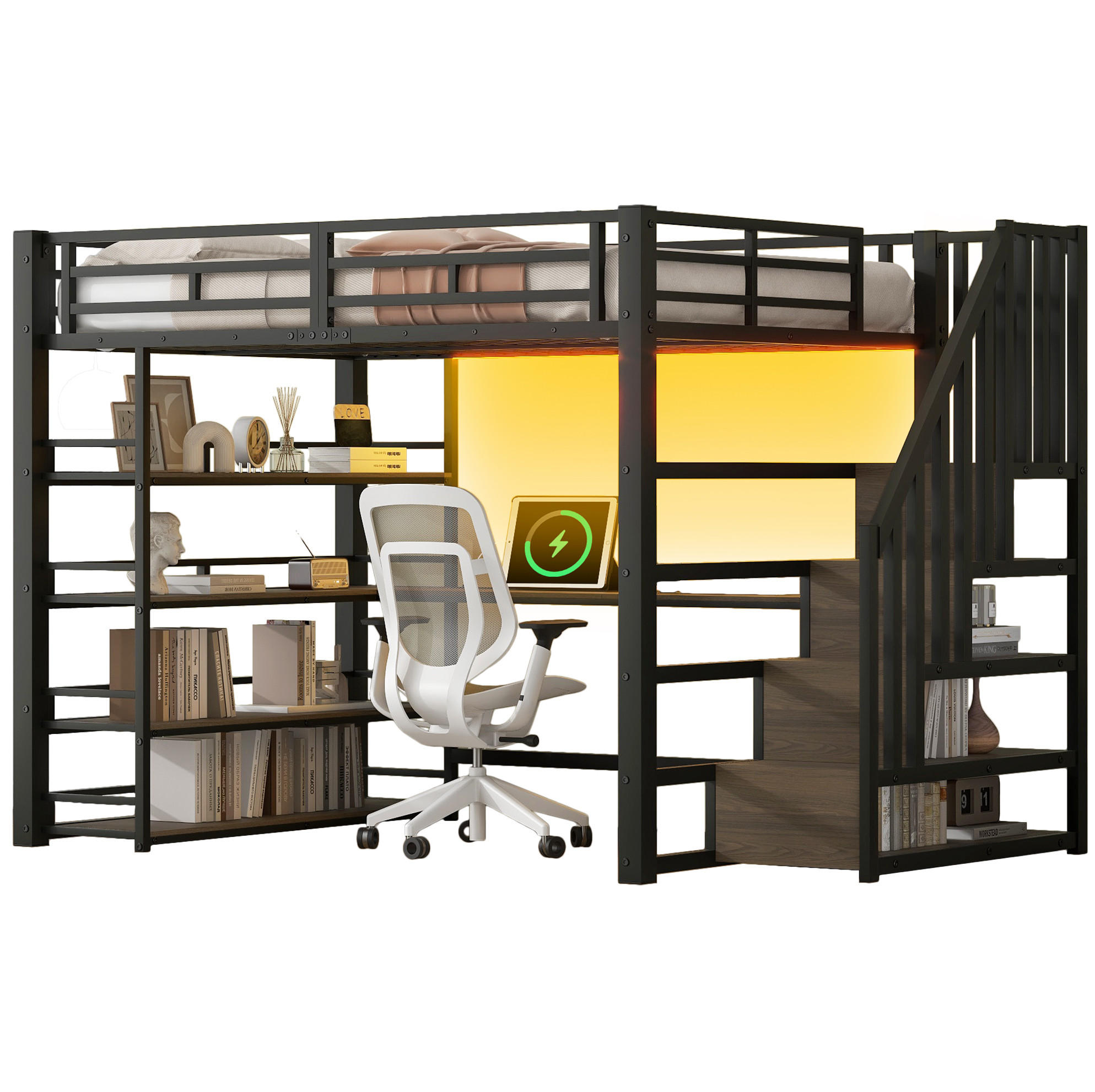 VYVÝŠENÁ posteľ 140/200 cm čierna z kovu a MDF s písacím stolom, schodmi, policami, LED osvetlením a USB - čierna, kompozitné drevo (140/200cm) - OKWISH