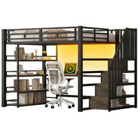 VYVÝŠENÁ posteľ 140/200 cm čierna z kovu a MDF s písacím stolom, schodmi, policami, LED osvetlením a USB - čierna, kompozitné drevo (140/200cm) - OKWISH
