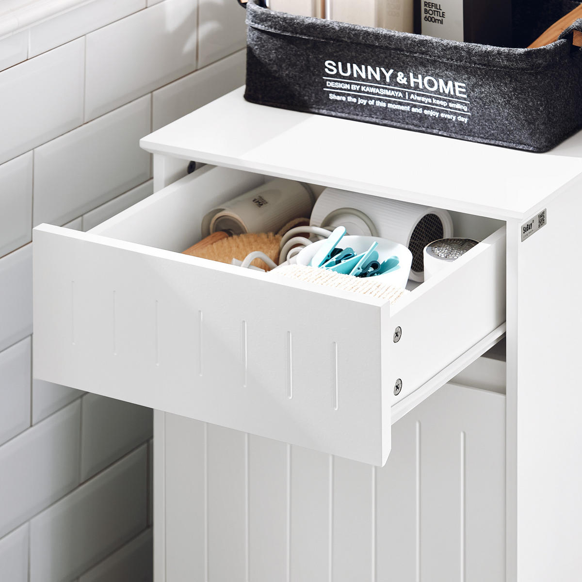 WÄSCHESCHRANK mit Wäschesack Weiß - Weiß, Holzwerkstoff (40/86/39cm) - SoBuy