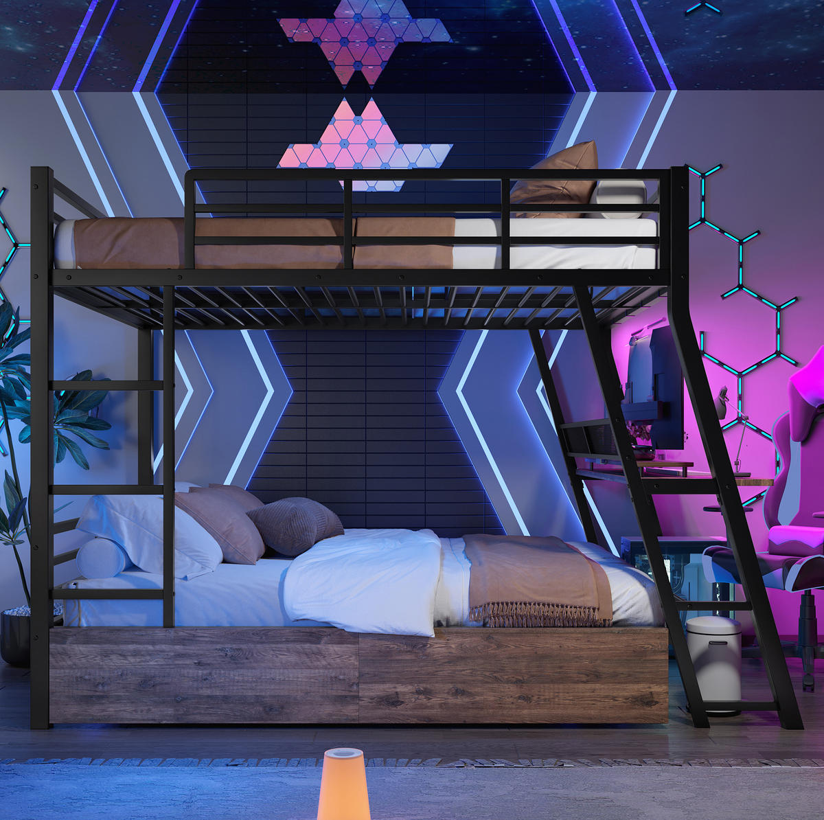 HOCHBETT 140/200 cm mit Schreibtisch, LED-Beleuchtung, 2 Schubladen und Treppe, Metallrahmen, Schwarz - Schwarz, Metall (140/200cm) - Redom