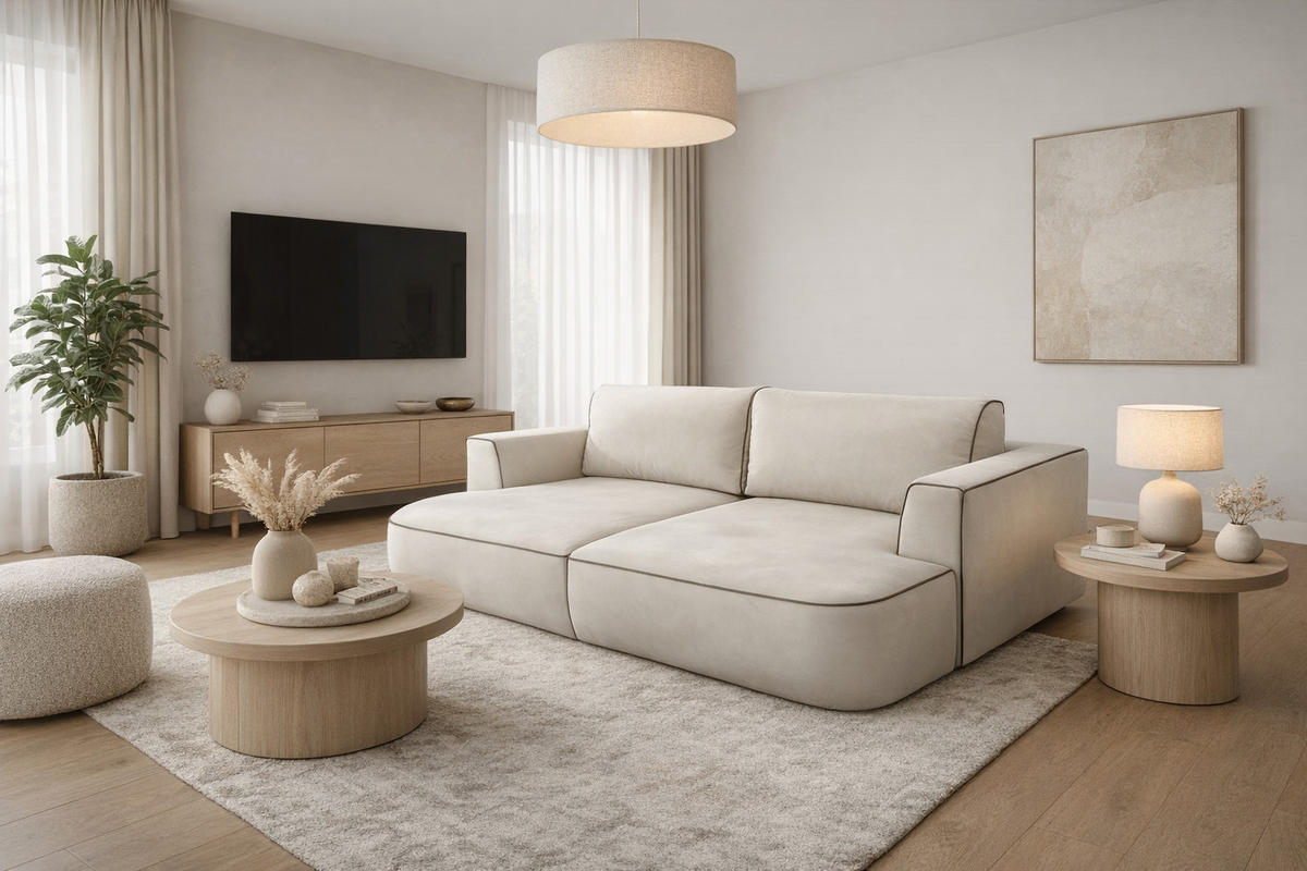 BIG SOFA COZI, Ecru mit mit braunem Keder, Matt Velvet - Ecru, Kunststoff/Textil (240/87/180cm) - KS Home Concept
