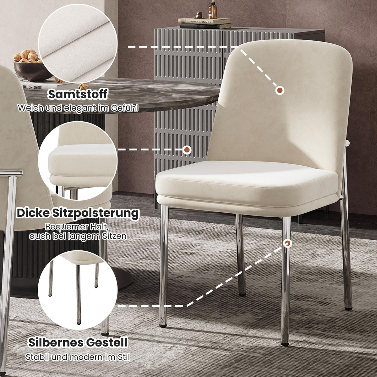 ESSZIMMERSTUHL 4er Set Samt Beige Metallbeine Silber Rahmen - Beige, Textil (53/82/42.5cm) - FLIEKS