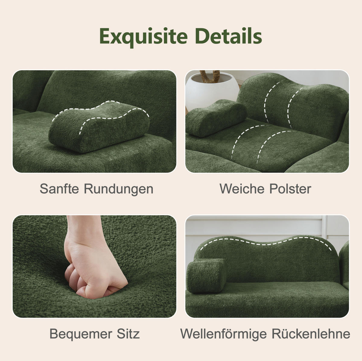 2-SITZER Sofa ohne Montage mit Wellenform und tiefer Sitzfläche, Grün - Grün, Textil (192/70/98cm) - Redom