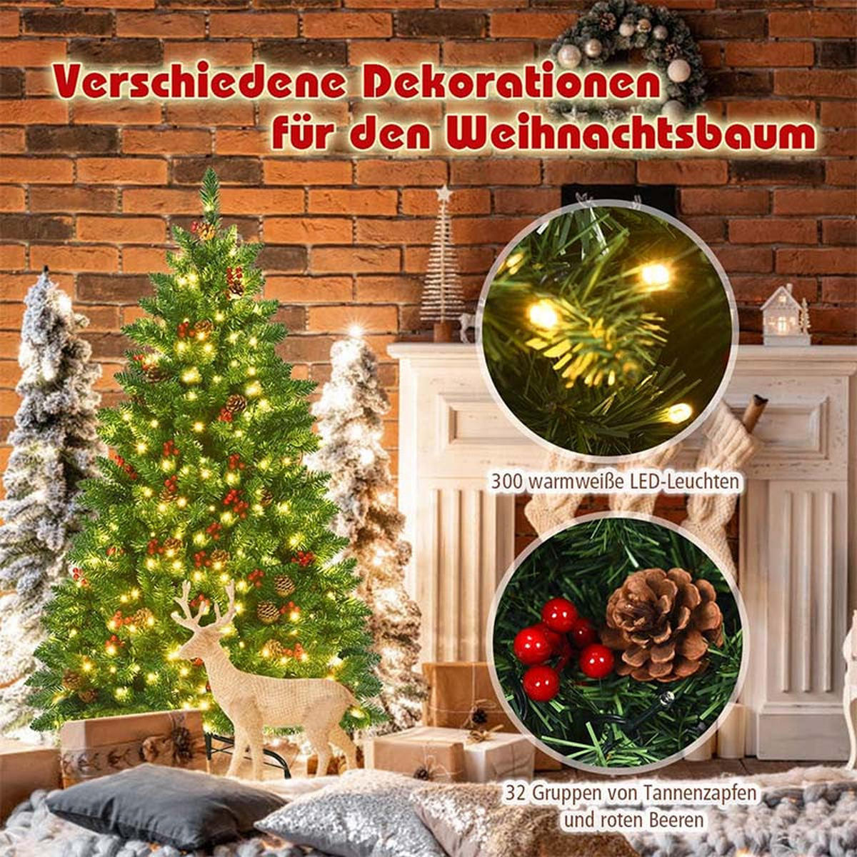 WEIHNACHTSBAUM mit warmweißen LEDs 135cm Grün - Grün, Metall (135cm) - COSTWAY