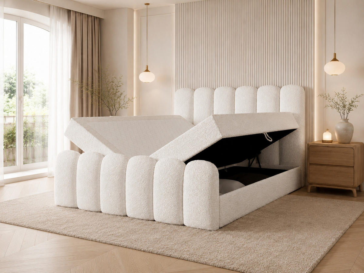 BOXBETT CUDDLE 140x200 cm in Weiß, Bettkasten, Topper, Bouclé-Stoff - Weiß, Holz/Textil (140/200cm) - EMLAR Home