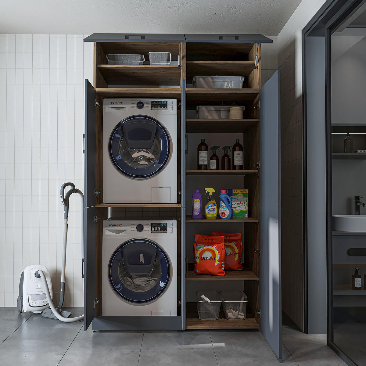 WASCHMASCHINENSCHRANK DORA-II 130cm Breit, 230cm Hoch - Anthrazit, Holzwerkstoff (130/230/73.8cm)