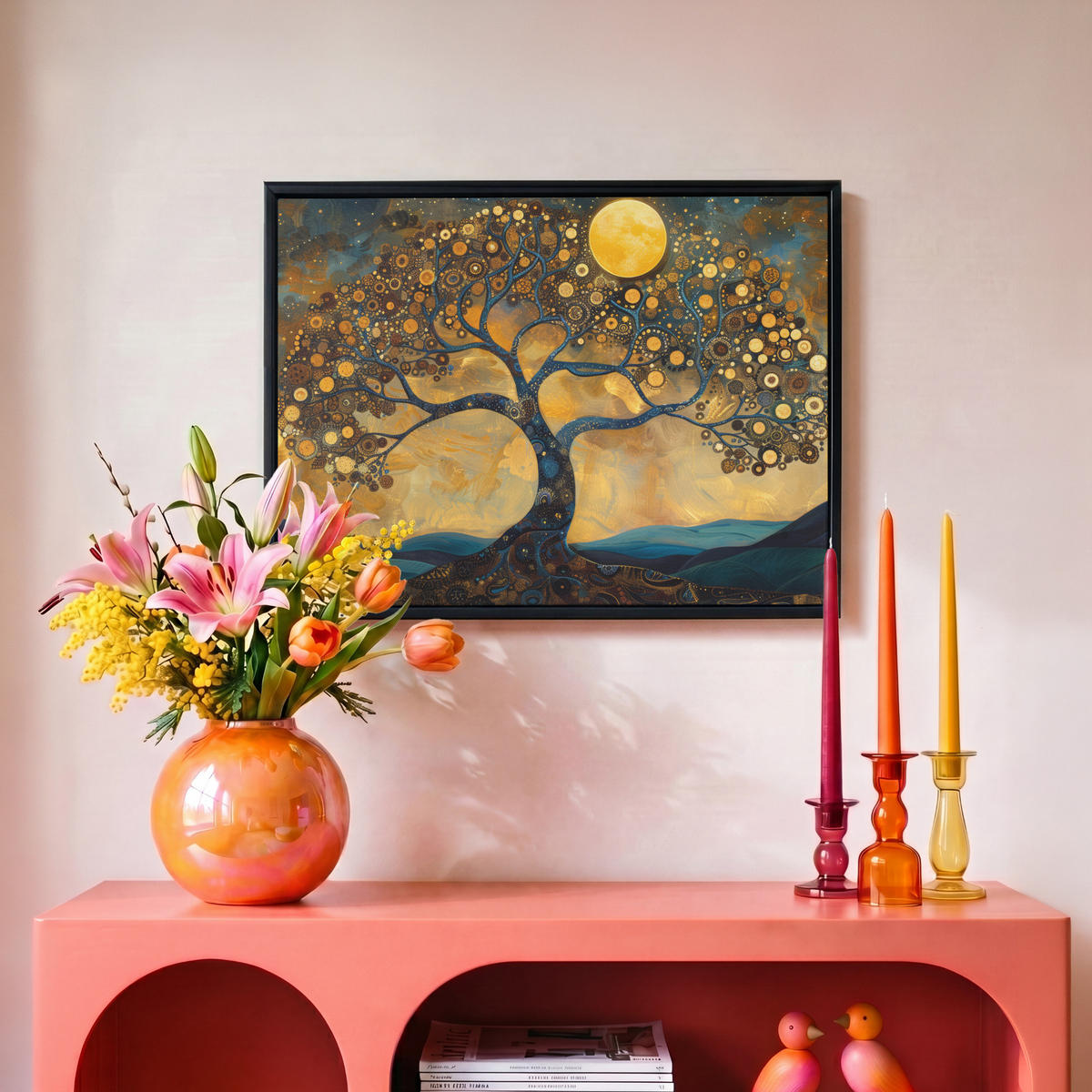 LEINWAND Bilder mit Rahmen - Baum - Mond - Blumen - Gold - Kunst - 40x30 - Orange, Textil (40/30cm) - MuchoWow