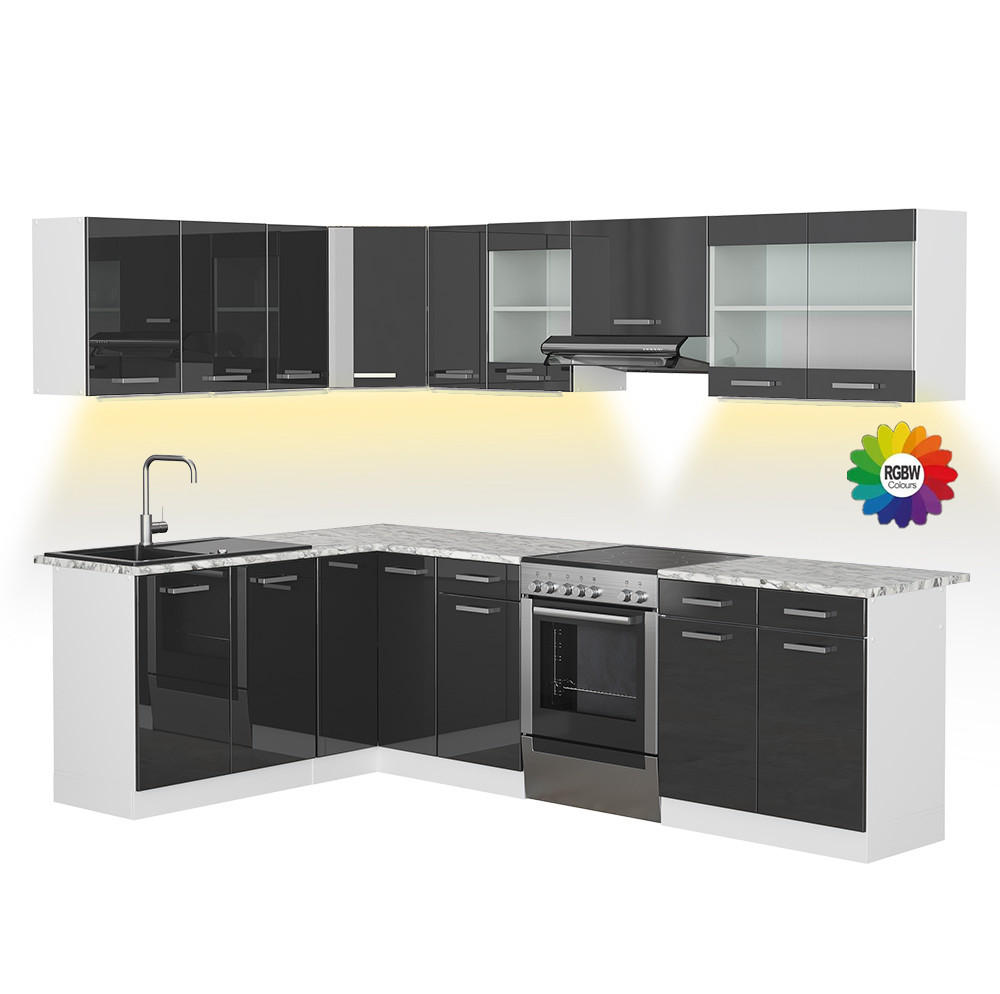 ECKKÜCHE Rick Weiß/Anthrazit Hochglanz 267 x 167 cm , AP Marmor mit LED-Leisten - Anthrazit/Weiß, Holzwerkstoff (270/81.6/60cm) - Vicco