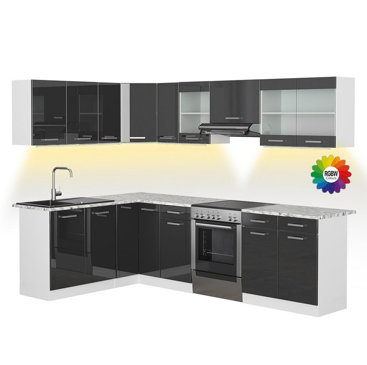 ECKKÜCHE Rick Weiß/Anthrazit Hochglanz 267 x 167 cm , AP Marmor mit LED-Leisten - Anthrazit/Weiß, Holzwerkstoff (270/81.6/60cm) - Vicco