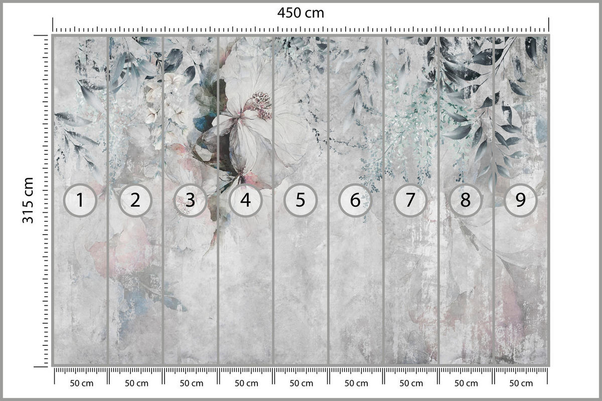 FOTOTAPETE für Schlafzimmer Zarte Blätter Beton Blumen Natur 450x315 - Schwarz/Rosa, Papier (450/315cm) - Muralo