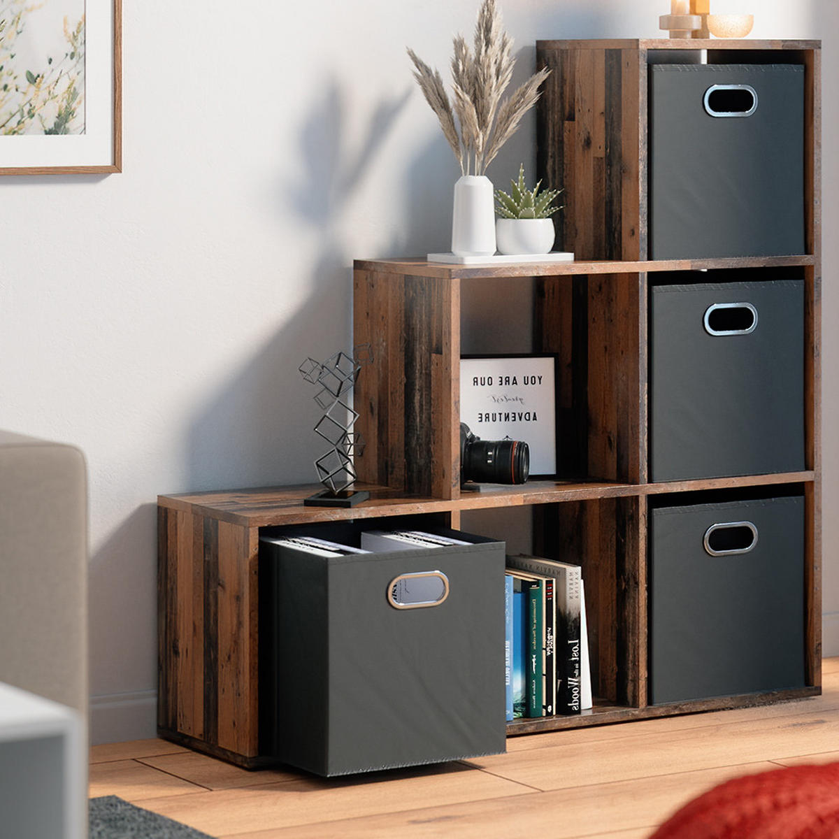 TREPPENREGAL Antikholz 107.2 x 107.8 cm mit 4 Faltboxen - Alteiche, Holzwerkstoff (107.2/107.8/29cm) - Vicco