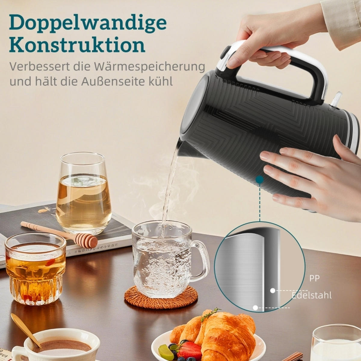 WASSERKOCHER-TOASTER SET 2200W Otter-Thermostat Schwarz 22,2/16,7/23,2 cm - Schwarz, Kunststoff (16.7/23.2/22.2cm) - Rolipo