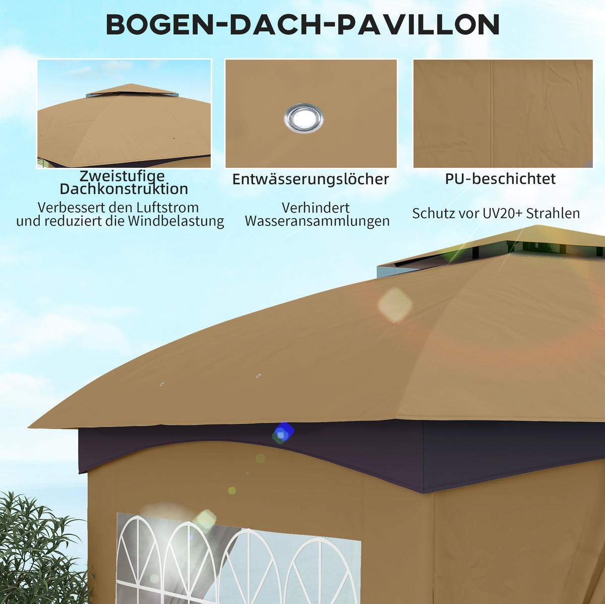 GARTENPAVILLON 335/335/285 cm mit Doppeldach, UV-Schutz und Seitenteilen aus Polyester, Beige - Beige, Textil (335/285/335cm) - Redom