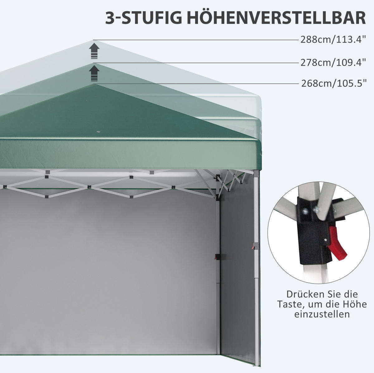 PAVILLON 297/297/288 cm höhenverstellbar, faltbar mit 2 Seitenwänden und UV30+ Schutz, Polyester, Grün - Grün, Kunststoff (297/288/297cm) - Redom