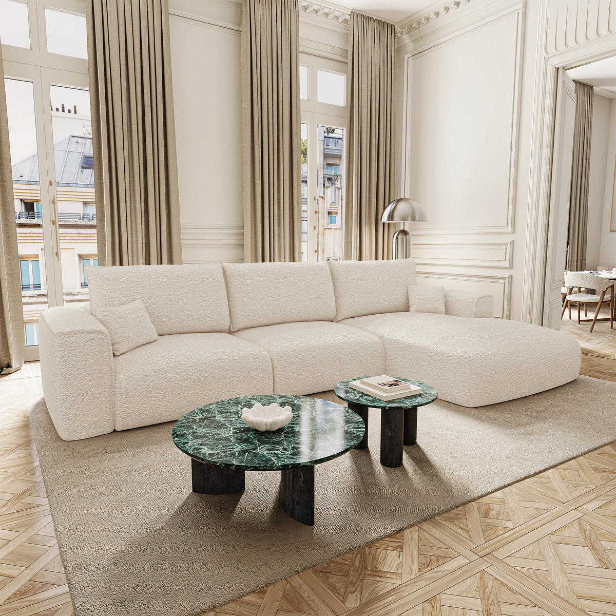 ECKSOFA rechtwinklig COMO Frottee Creme 297cm - Creme, Textil (297/167cm) - Premium Interiors