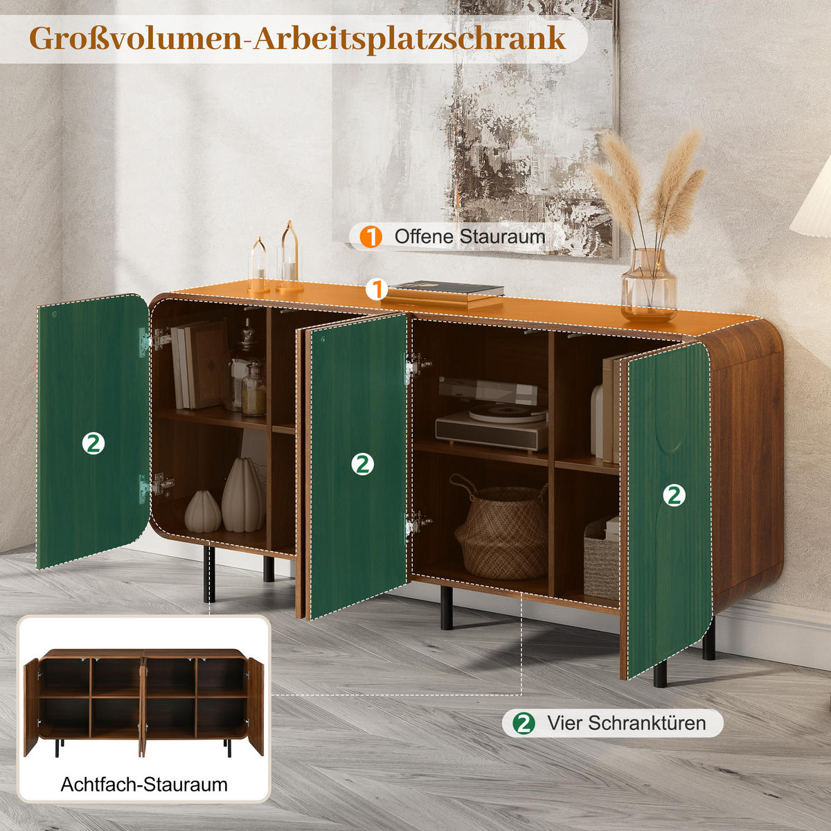 SIDEBOARD Mid-Century 4 Türen Nussbaum 8 Fächer modern - Walnussfarben, Holzwerkstoff (40/79/160cm) - FLIEKS